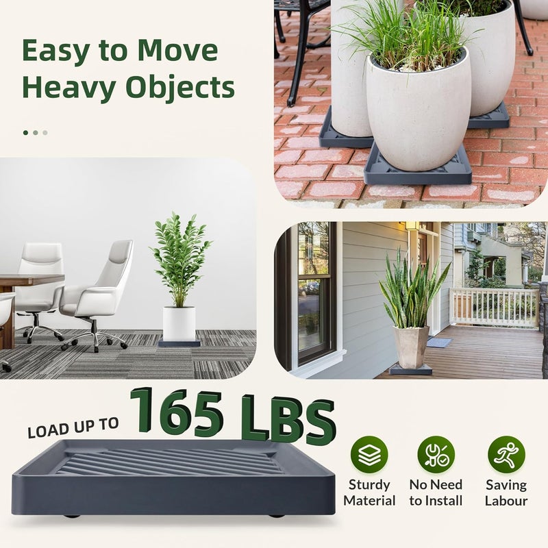 REDHUGO 2PCS Square Plant Caddy with Hidden Wheels, Heavy Duty Rolling Plant Stand Caddy with Wheels, Pot Base for Indoor Outdoor, Gray, 14 inches - Image 3